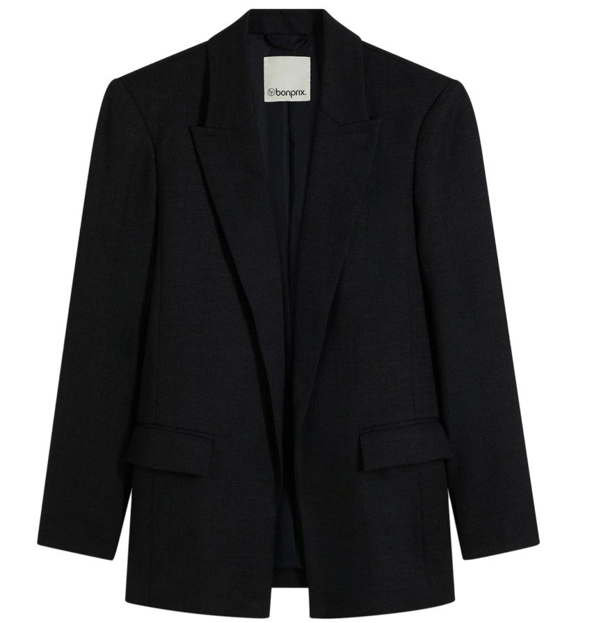 klassischer Blazer für Damen in Leinenoptik mit gestreiftem Futter Loose Fit -Schwarz