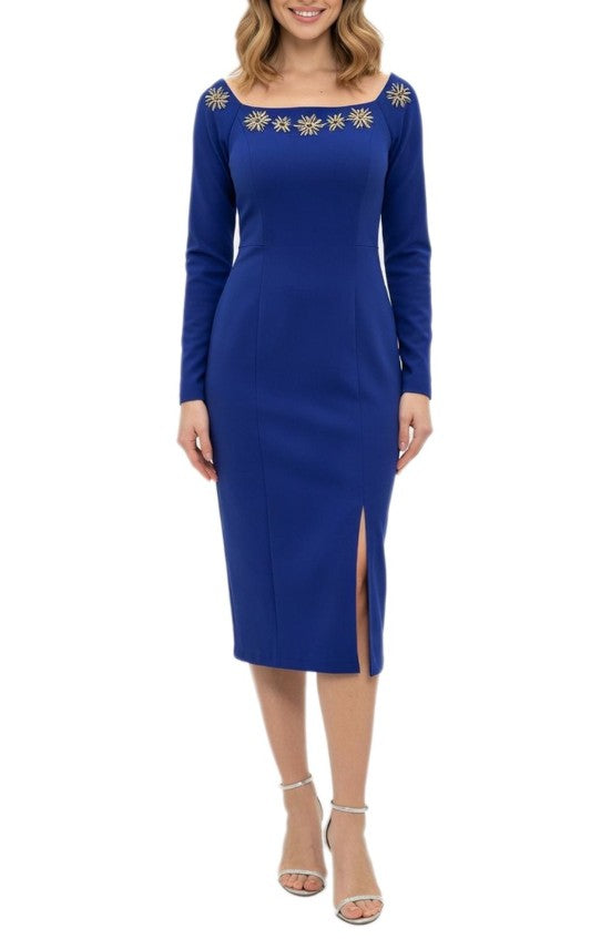 Bodycon women's midi dress with floral glitter long-sleeve dress - blue