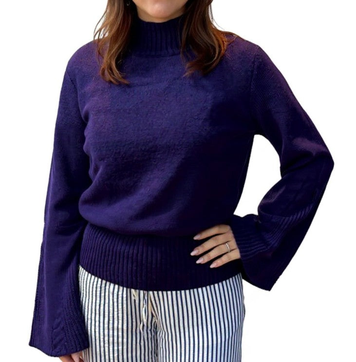 Women's Sweatshirt Knitted Sweater with Trumpet Sleeves Summer Pullover Long Sleeve Shirt Purple