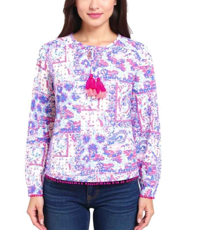 ZWILLINGSHERZ Cotton Blouse for Women - Summer Blouse with All-Over Paisley Pattern Green/Pink/White