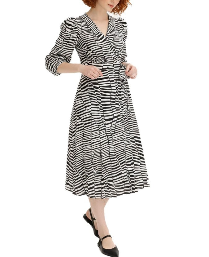 Damen Wickelkleid mit Zebramuster Langarm Kleid Freizeitkleid - Schwarz/Weiß