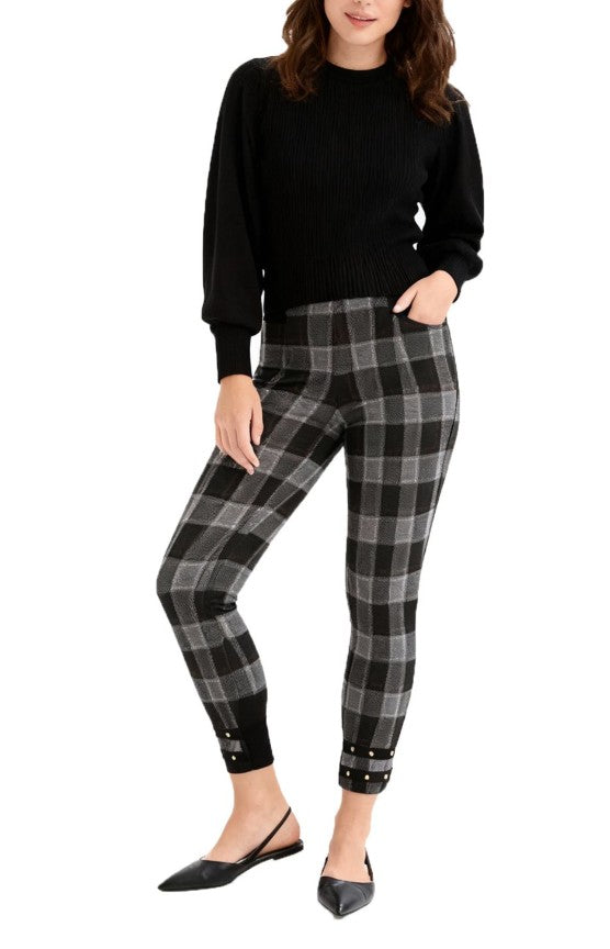 weiche Damen Jeggings karierte Stiefel-Hose mit Nieten Skinny Fit Hose Grau/Schwarz/Gold/Braun