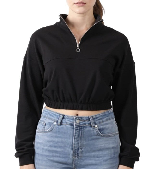 ZEGY Damen Crop-Pullover Half Zip Langarm-Shirt Baumwoll-Pulli Cropped&nbsp; in Weiß, Schwarz