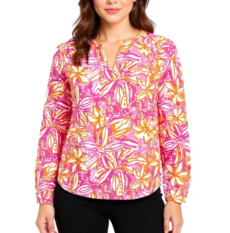 ZWILLINGSHERZ Damen Sommer-Bluse mit auffälligen-Muster Baumwoll Langarmshirt&nbsp; Weiß/Orange/Pink