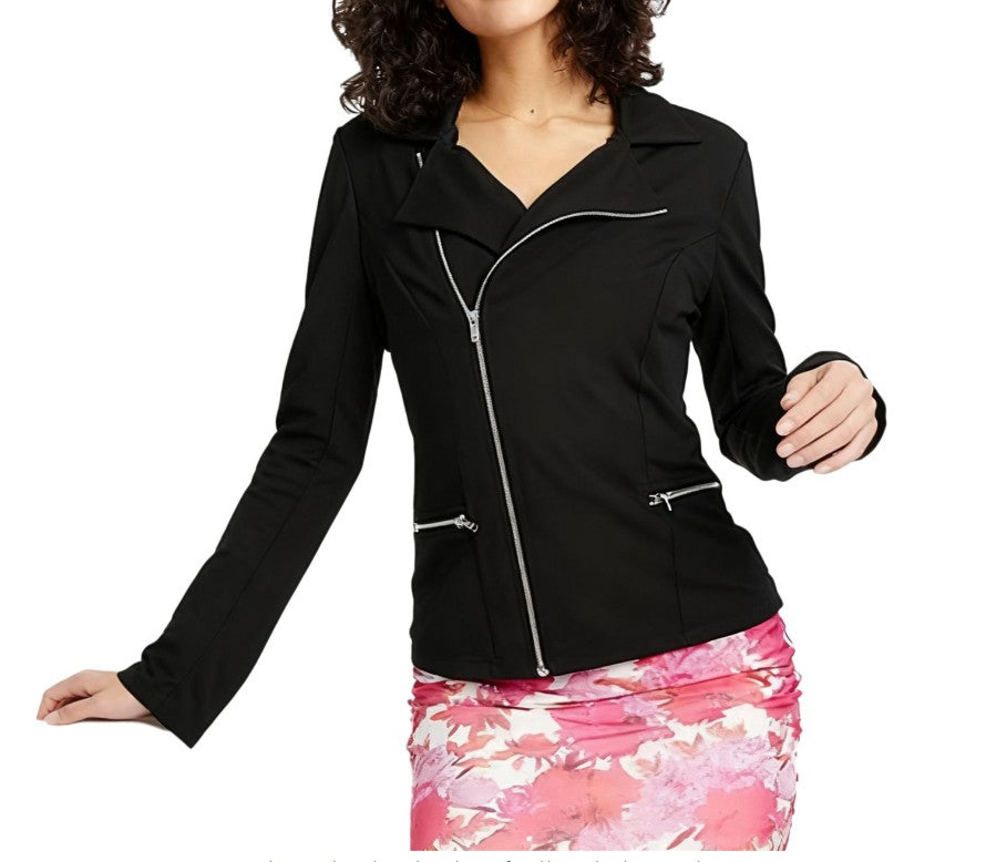 asymmetrische Damen Shirt-Jacke im Biker-Style mit Reißverschluss Strick-Jacke Schwarz