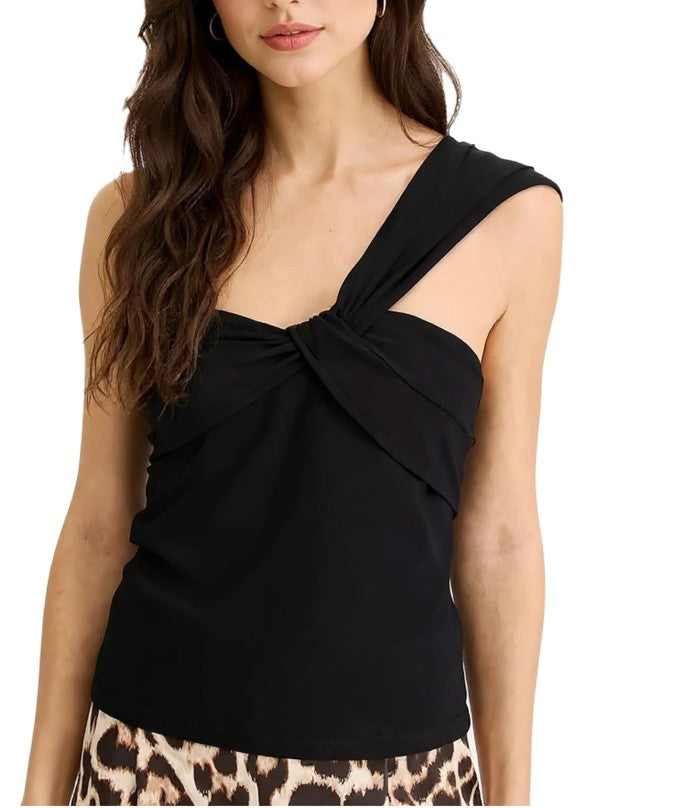 Women's Summer Top, Asymmetrical Wrap-Look Top, - Black