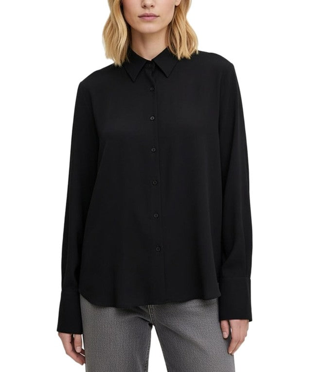 langärmlige Damen Bluse aus Viskose-Mix mit Ballon-Saum Sommer-Shirt-Schwarz
