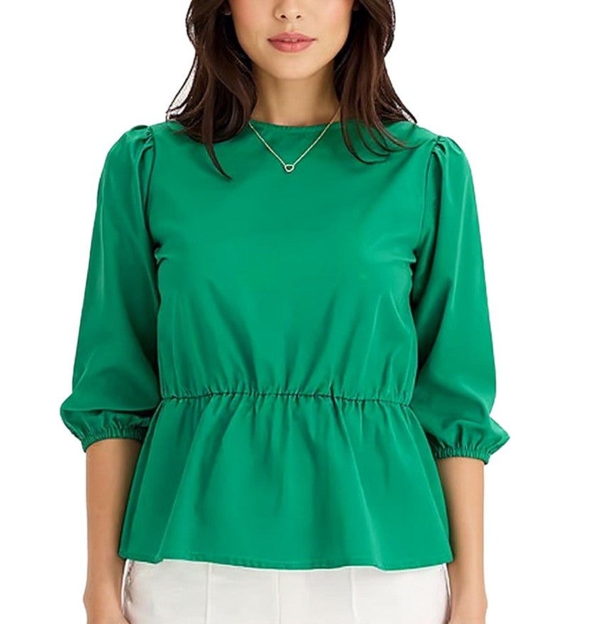 Women's Round Neck Blouse with 3/4 Sleeves and Elastic Waist, Cotton Blouse