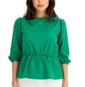 Women's Round Neck Blouse with 3/4 Sleeves and Elastic Waist, Cotton Blouse
