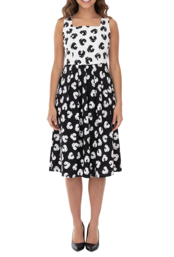Damen Sommerkleid mit grafischem Druck, Baumwollkleid ohne Ärmel, Midikleid Weiß/Schwarz