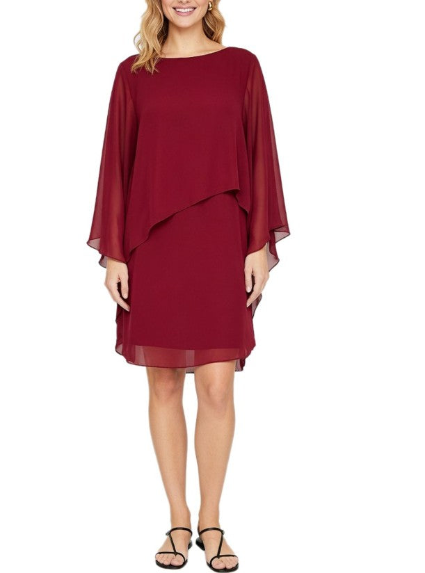 Elegant Women's Evening Dress Chiffon Dress with Long Sleeves Cocktail Dress - Bordeaux Red