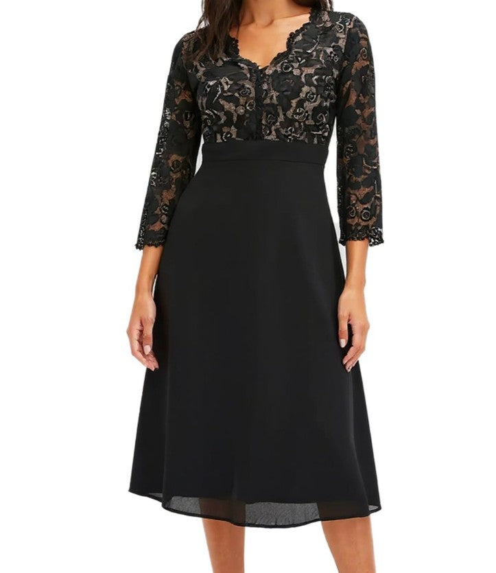 zeitloses Damen Abend-Kleid Chiffon-Kleid mit 3/4-Ärmeln Midi-Kleid-Schwarz&nbsp;