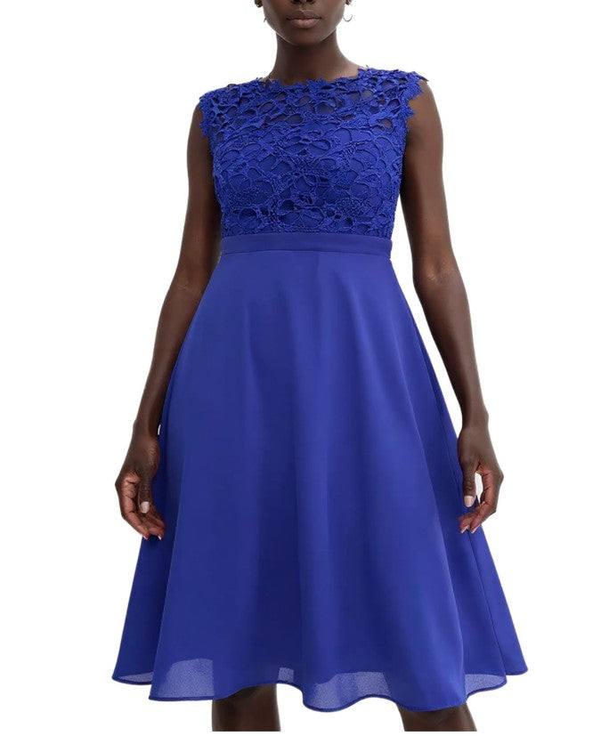 reamy women's evening dress with beautiful lace and crochet trim, mini dress - blue
