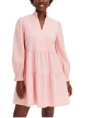 Flared ruffle dress with smocked neckline and sleeve hem, mini dress, cotton dres-Pink