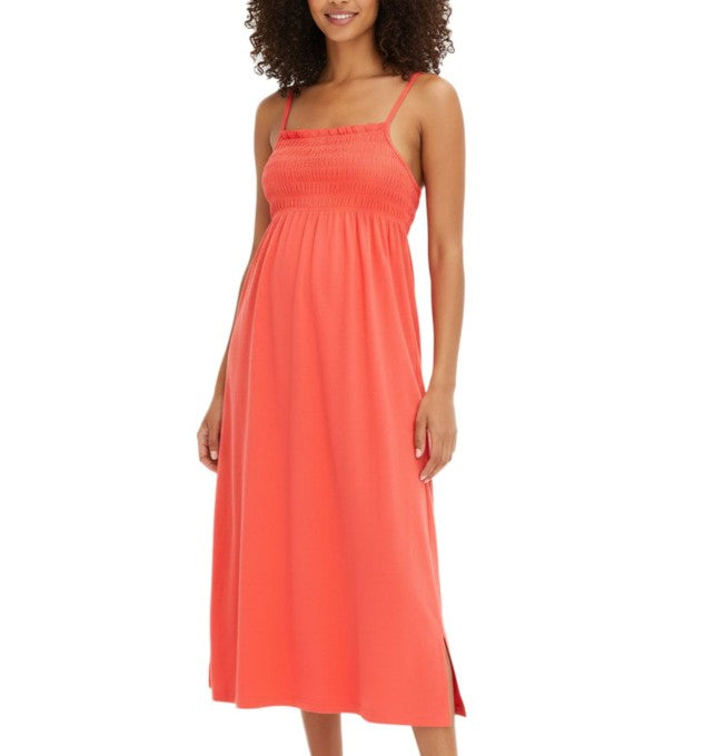 Gemütliches Damen Nacht-Kleid mit Smockdetails Pyjama Nachthemd Baumwoll-Kleid Rot
