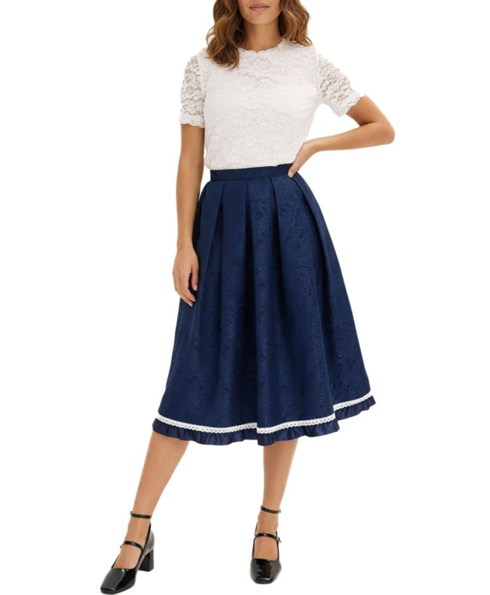Fashionable women's dirndl skirt traditional skirt with paisley and lace-dark blue