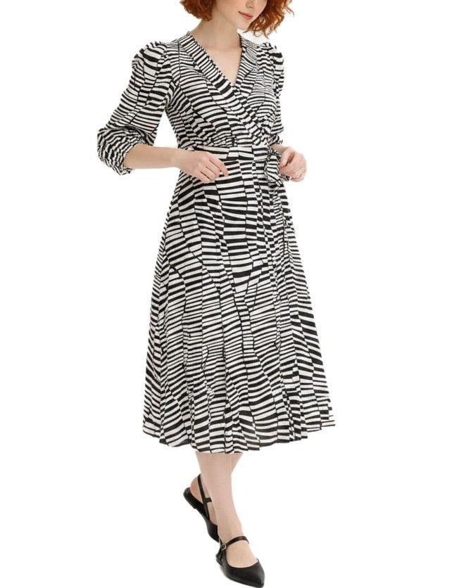 Women's Wrap Dress with Zebra Print, Long Sleeve, Casual Dress Black/White