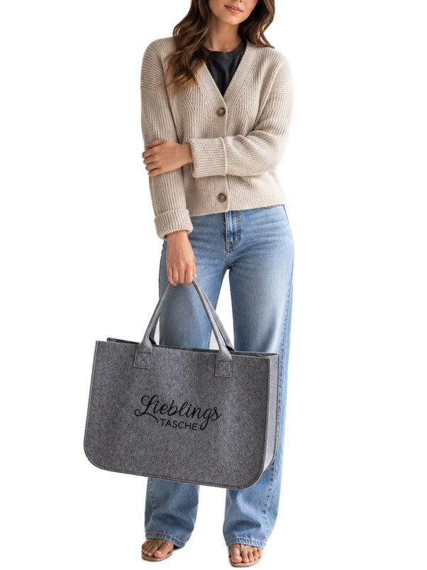 Lieblingstasche Filz-Tasche Damen stilvoller Shopper Einkaufstasche aus Filz mit Stickerei 50x35x25cm Grau