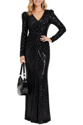 funkelndes Damen Abend-Kleid langärmliges Pailletten-Kleid Maxi-Länge - Schwarz