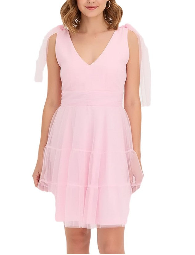 Stylish mini dress made of delicate tulle with bow details, mesh dress-pink