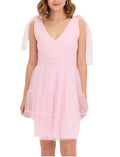 Stylish mini dress made of delicate tulle with bow details, mesh dress-pink