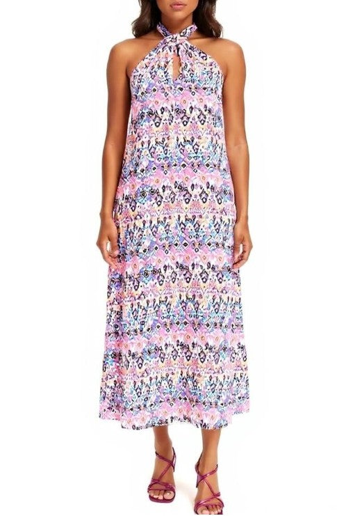 Women's Summer Halter Neck Dress with Colorful Allover Print Sleeveless Maxi Dress Pink/Orange/Black