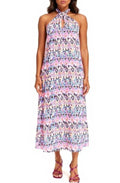 Women's Summer Halter Neck Dress with Colorful Allover Print Sleeveless Maxi Dress Pink/Orange/Black