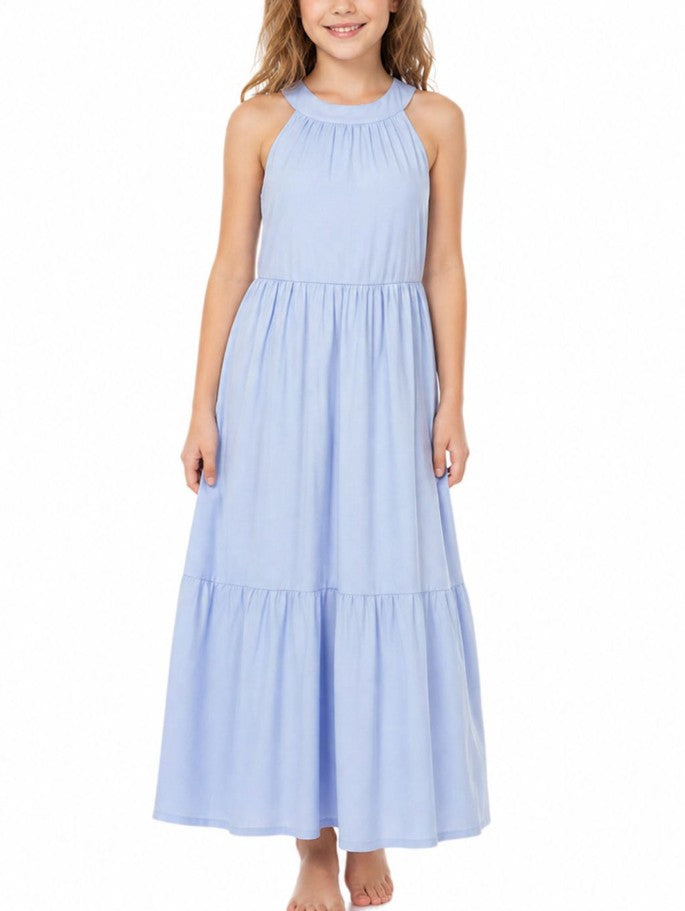 Children's Pure Organic Cotton Maxi Jersey Dress Going-Out Dress Sleeveless - Blue