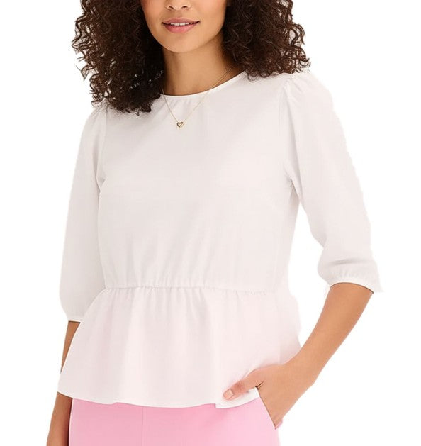Women's Summer Blouse, Round Neck with 3/4 Sleeves and Peplum, Cotton Blouse White