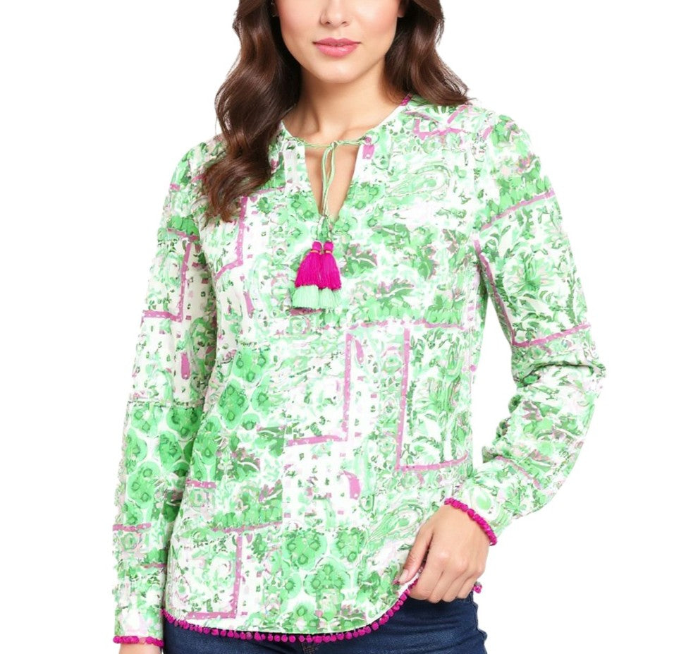ZWILLINGSHERZ Baumwoll-Bluse Damen Sommer-Bluse Grün/Pink/Weiß