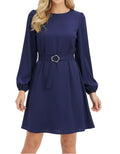 Ausgestelltes Damen-Minikleid mit Raffungen und Gürtel, nachhaltiges Business-Kleid – Dunkelblau