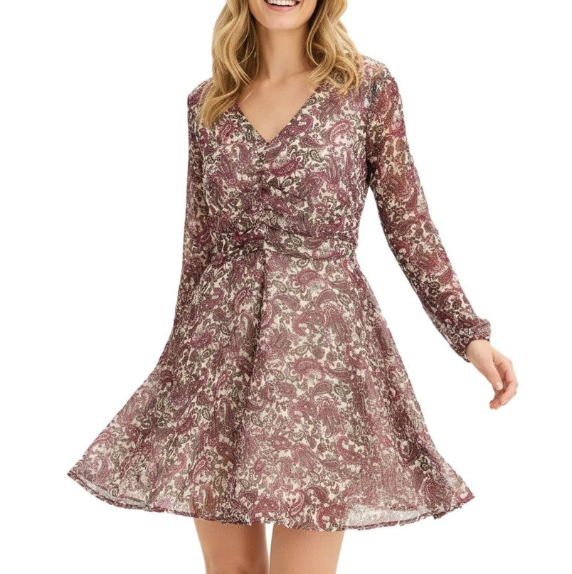 sommerliches Damen Mini-Kleid mit Paisley-Muster Chiffon-Kleid-Beige/Lila/Grau