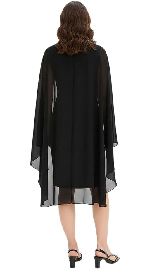 Figure-hugging ladies' mini dress made of flowing chiffon with decorative brooch evening dress - Black