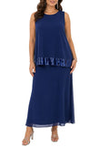 Damen Maxi-Kleid aus feinem Georgette mit Pailletten Ausgeh-Kleid ärmellos-Dunkelblau