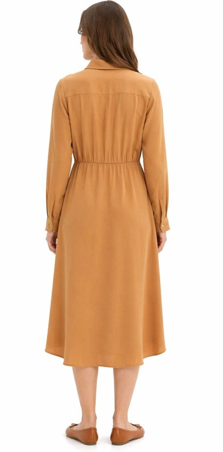 Klassisches Damen Hemdblusenkleid aus Viskose-Mix Maxi-Kleid -Braun