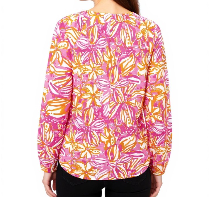 ZWILLINGSHERZ Damen Sommer-Bluse mit auffälligen-Muster Baumwoll Langarmshirt&nbsp; Weiß/Orange/Pink