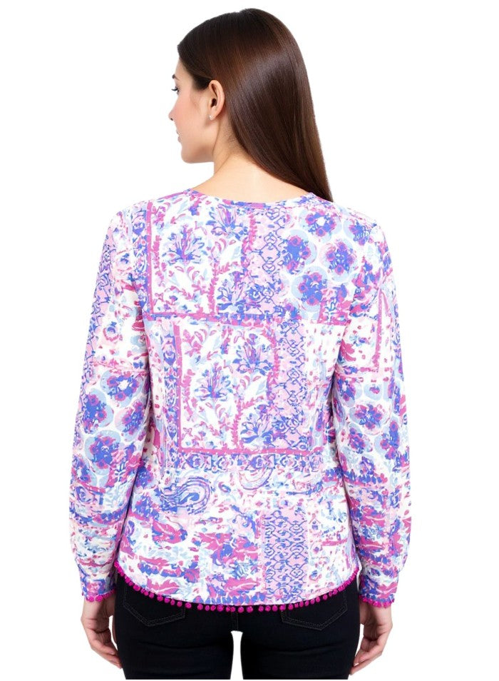 ZWILLINGSHERZ Cotton Blouse for Women - Summer Blouse with All-Over Paisley Pattern Green/Pink/White