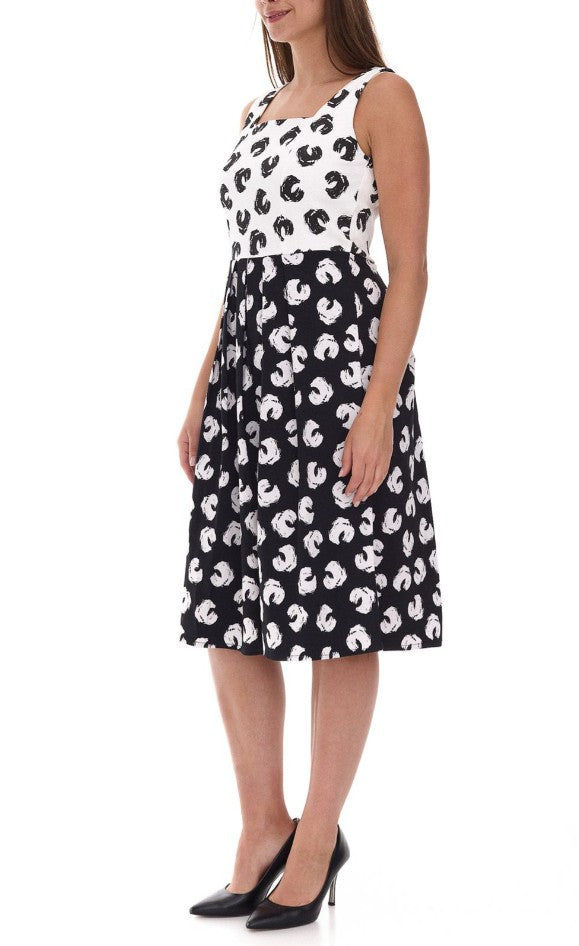 Damen Sommerkleid mit grafischem Druck, Baumwollkleid ohne Ärmel, Midikleid Weiß/Schwarz