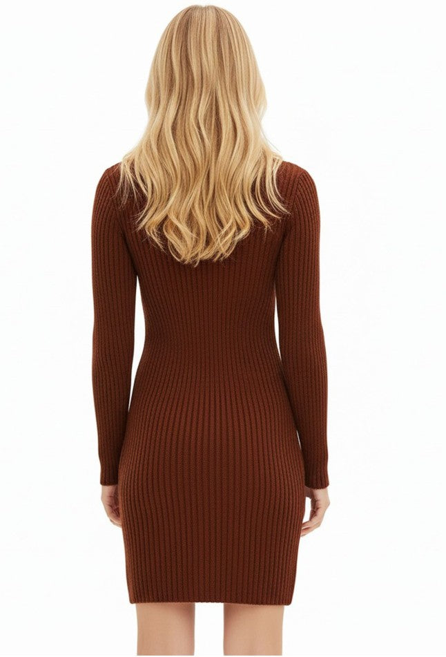 Damen Strick-Kleid Mini-Kleid -Braun