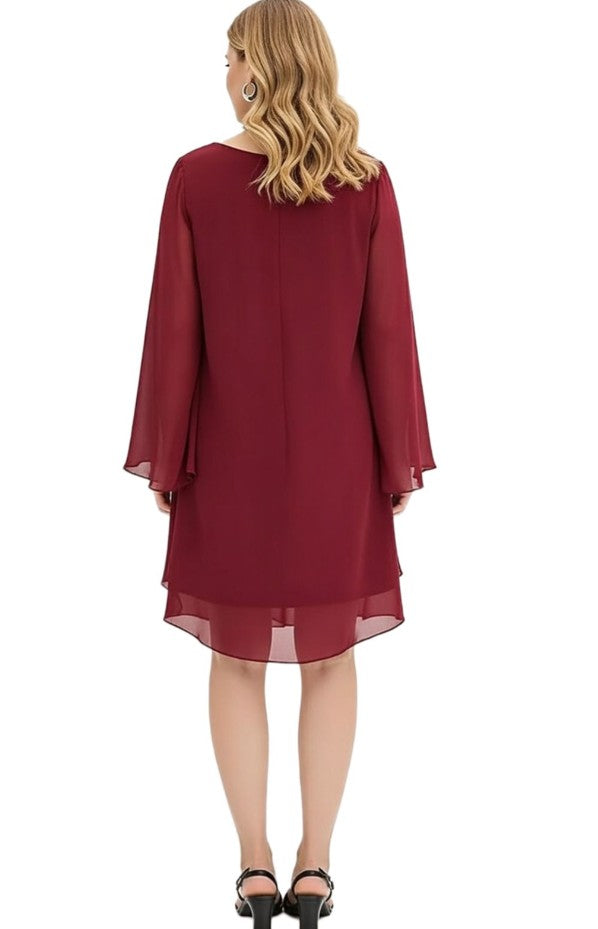 Elegant Women's Evening Dress Chiffon Dress with Long Sleeves Cocktail Dress - Bordeaux Red