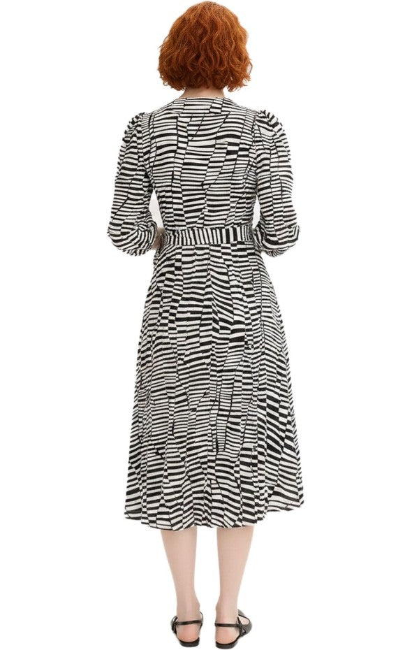 Damen Wickelkleid mit Zebramuster Langarm Kleid Freizeitkleid - Schwarz/Weiß