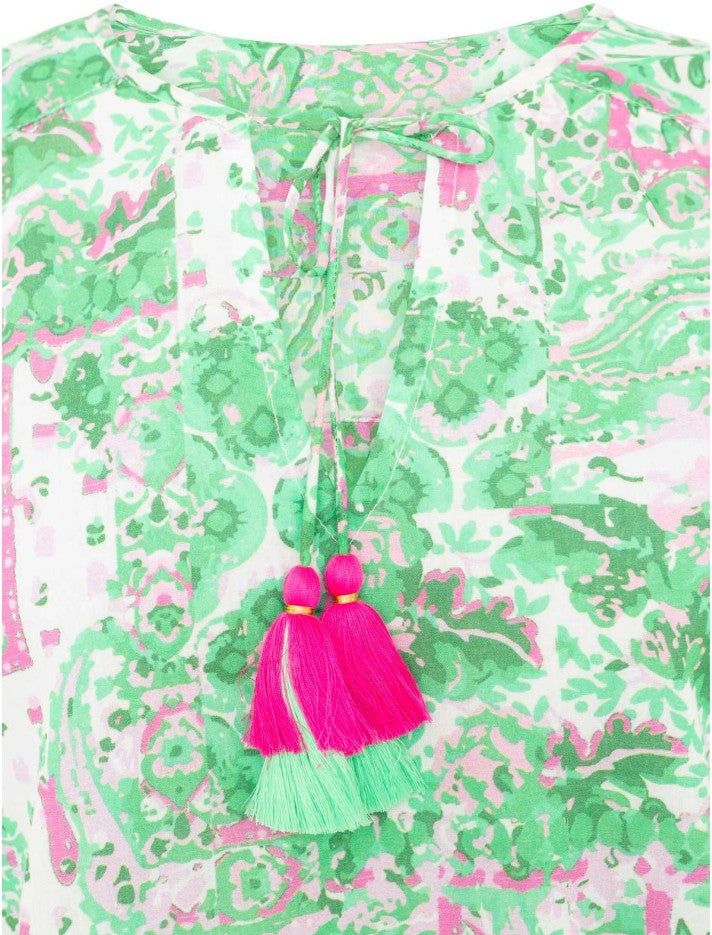 ZWILLINGSHERZ Baumwoll-Bluse Damen Sommer-Bluse Grün/Pink/Weiß