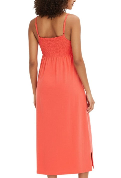 Gemütliches Damen Nacht-Kleid mit Smockdetails Pyjama Nachthemd Baumwoll-Kleid Rot