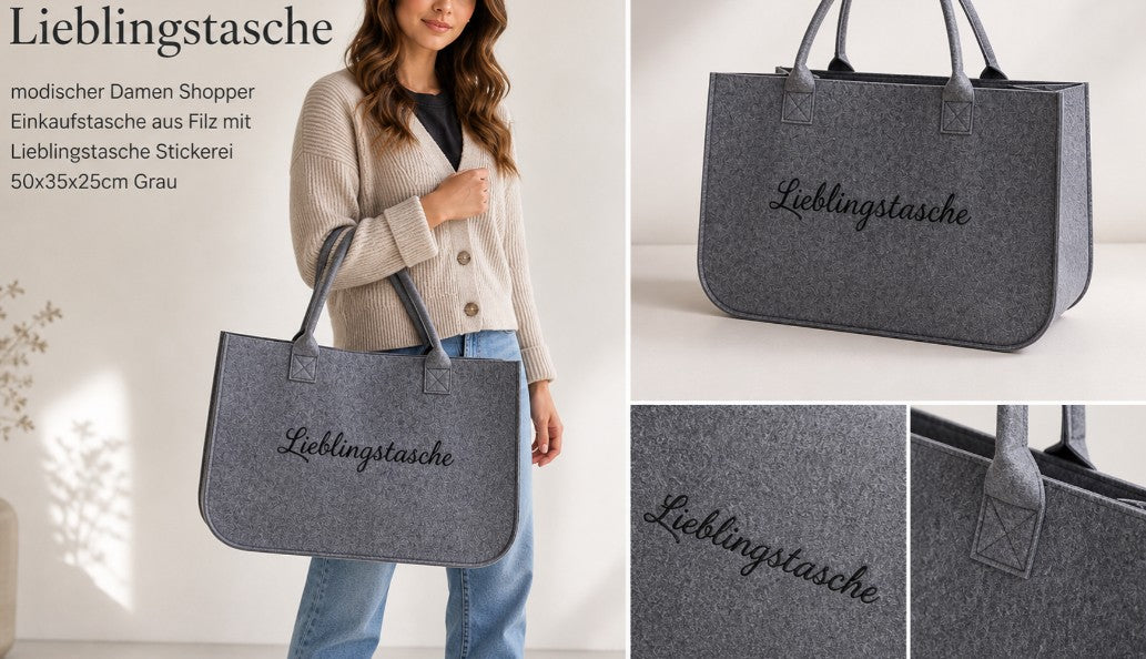 Lieblingstasche Filz-Tasche Damen stilvoller Shopper Einkaufstasche aus Filz mit Stickerei 50x35x25cm Grau