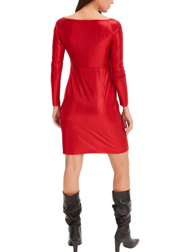 Elegant Women's Jersey Dress with Metallic Effect Evening Dress with Long Sleeves Red