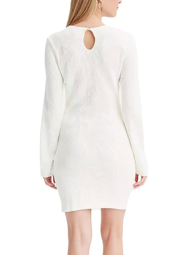 Elegant Women's Knitted Business Dress with Round Neck Long Sleeve Dress White