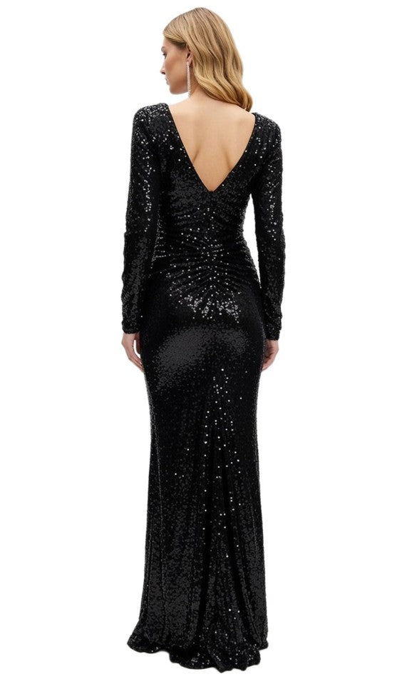 funkelndes Damen Abend-Kleid langärmliges Pailletten-Kleid Maxi-Länge - Schwarz