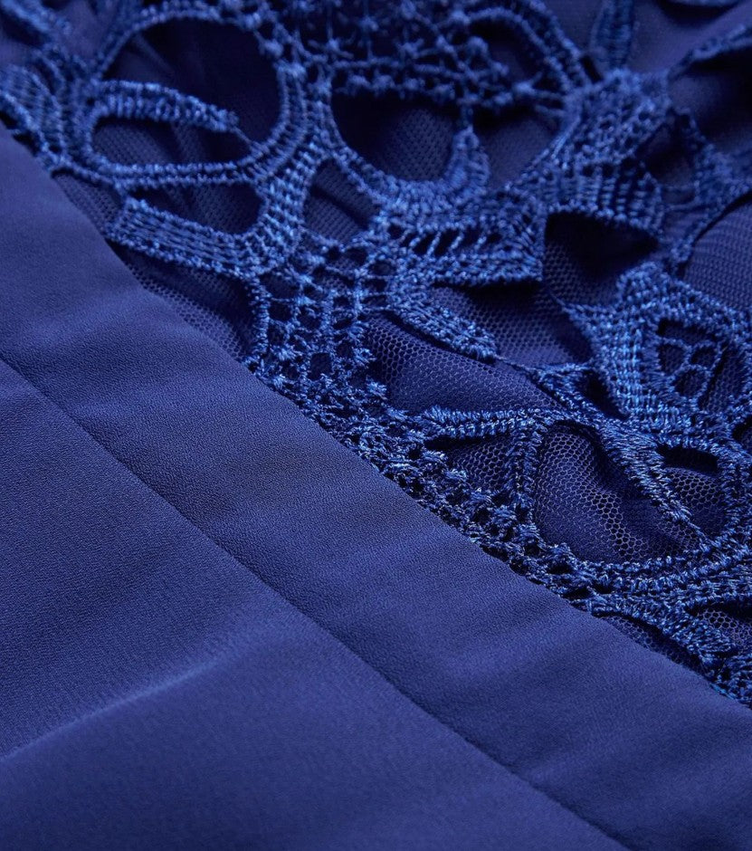 reamy women's evening dress with beautiful lace and crochet trim, mini dress - blue
