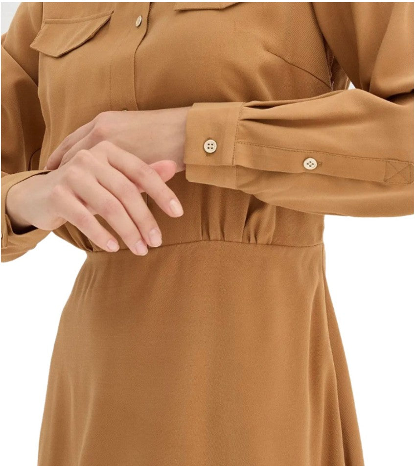 Klassisches Damen Hemdblusenkleid aus Viskose-Mix Maxi-Kleid -Braun