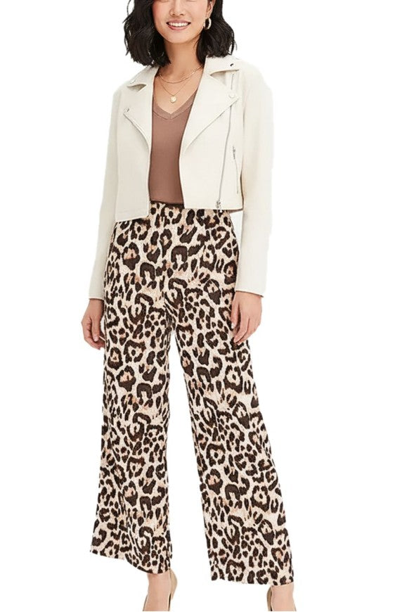 Stylish women's wide-leg leopard print trousers, everyday pants black/beige